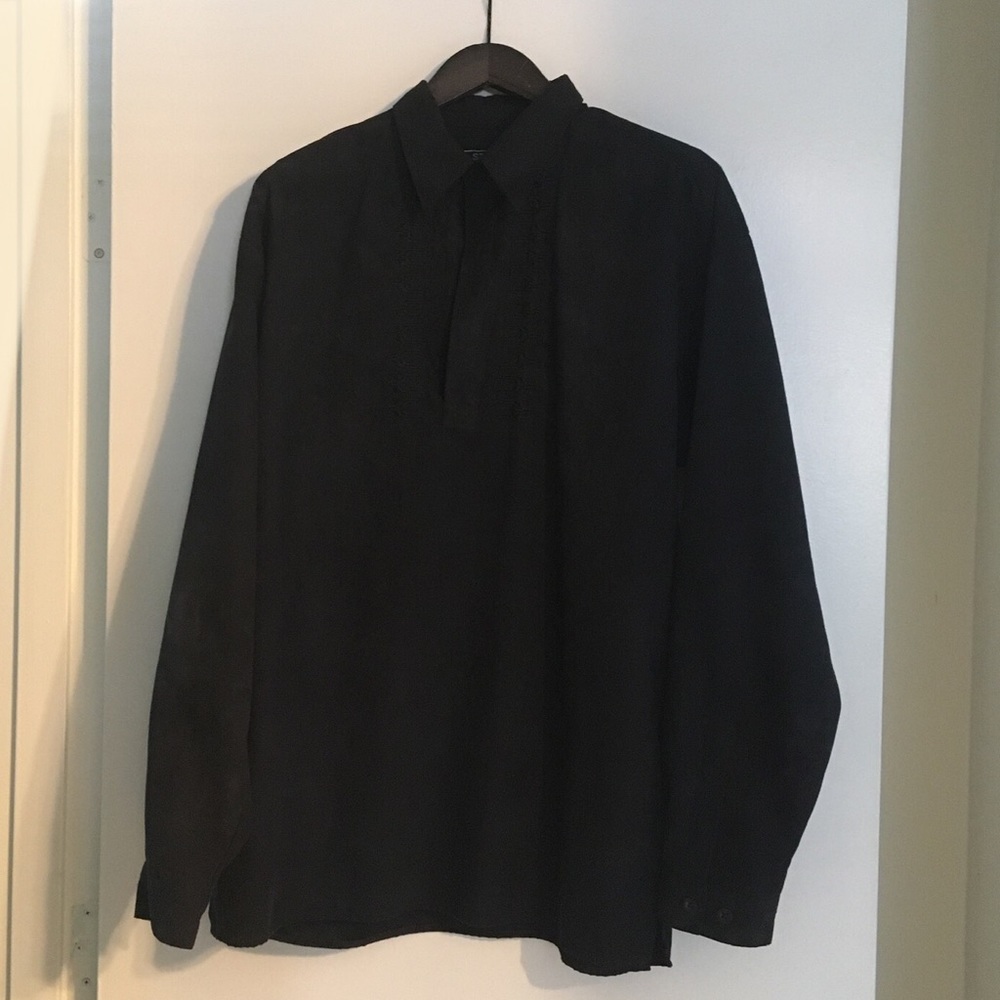 Men’s black suede shirt with embroidered front.